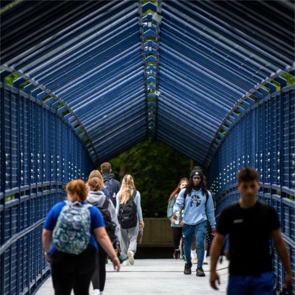 Students walk across Little Mac bridge.